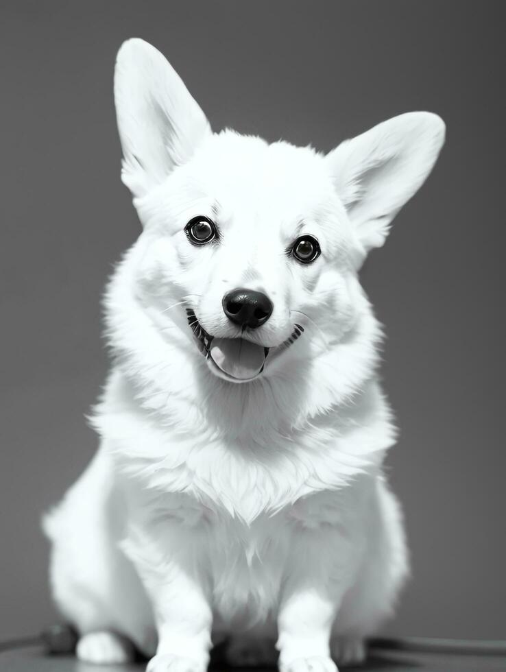 Lycklig pembroke welsh corgi hund svart och vit svartvit Foto i studio belysning
