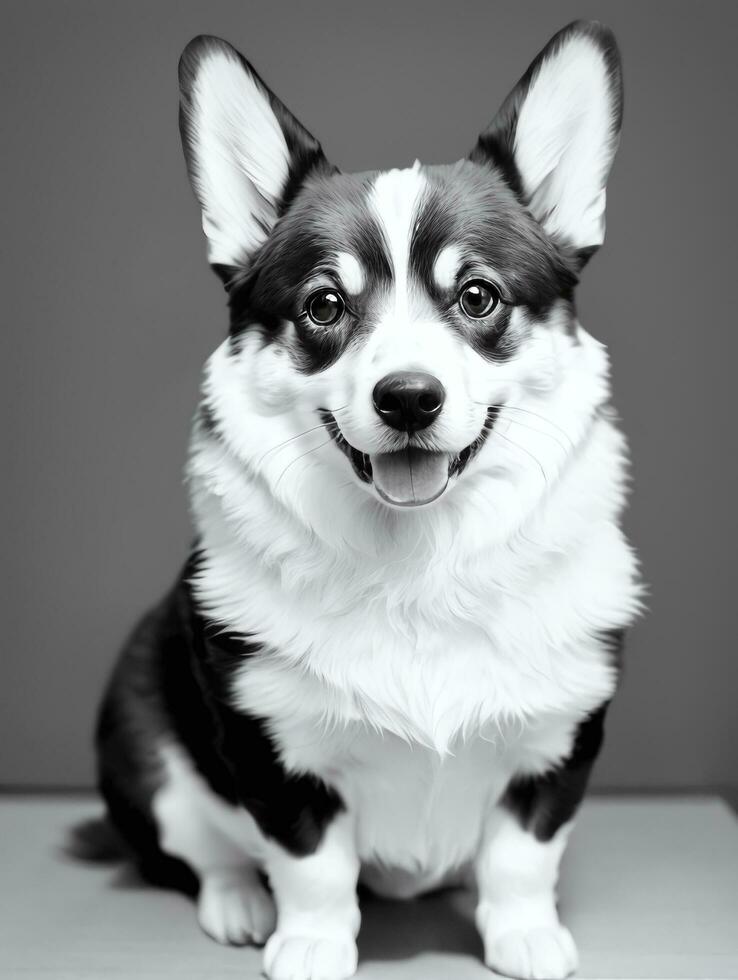 Lycklig pembroke welsh corgi hund svart och vit svartvit Foto i studio belysning