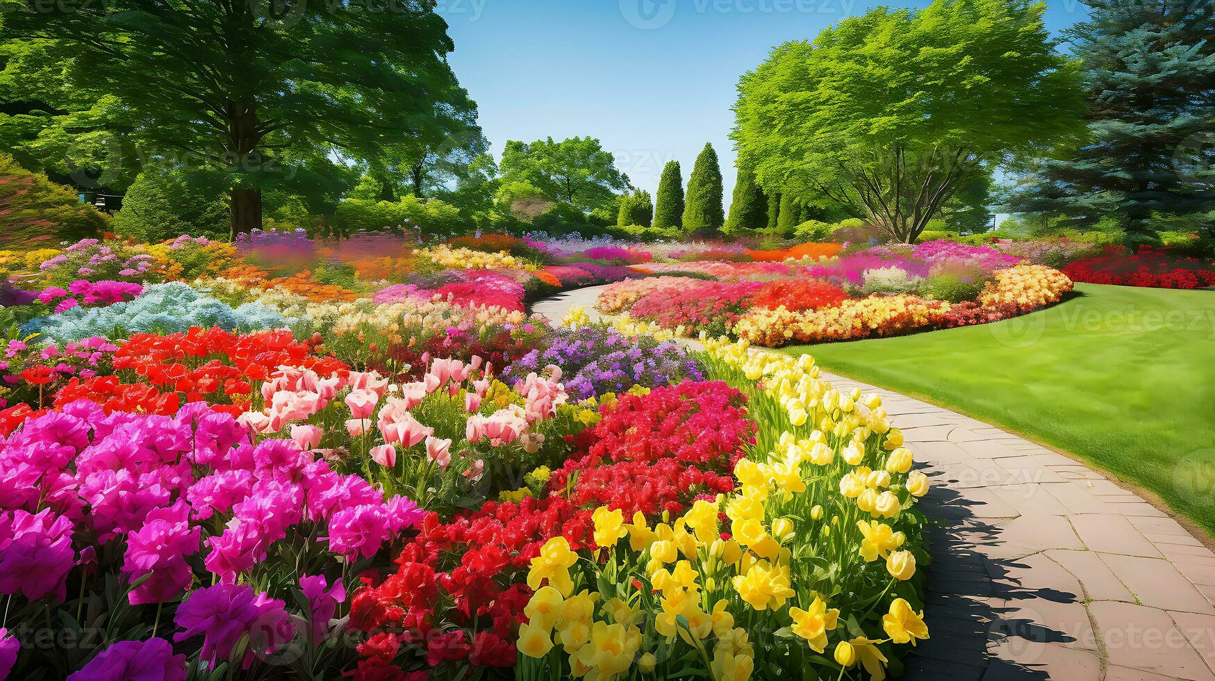 en skön fantastisk blomma trädgård spricker med vibrerande genererad förbi ai foto