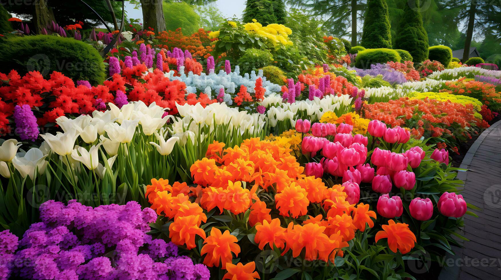 skön blomma trädgård spricker med hortensior genererad förbi ai foto