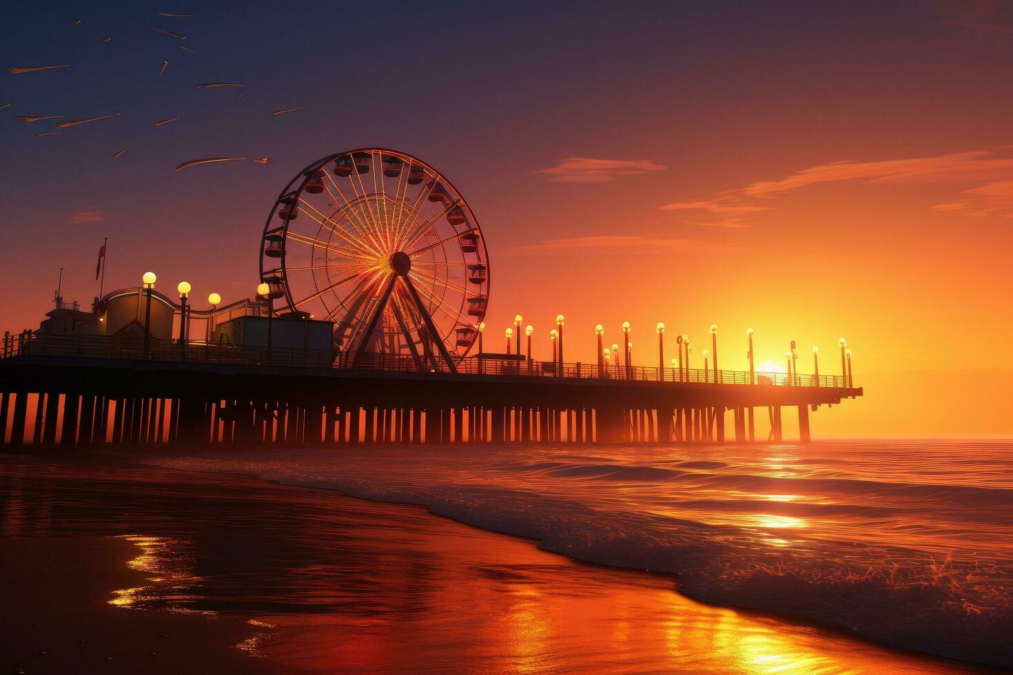 pir och ferris hjul på de strand på solnedgång. 3d framställa, santa monica pir på solnedgång, ai genererad foto