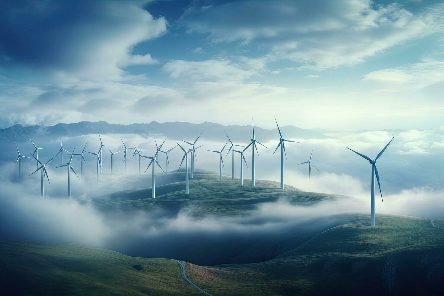 vind turbiner i de berg. alternativ energi källa. 3d tolkning, förnybar energi med vind turbiner plockning ut på de moln, ai genererad foto