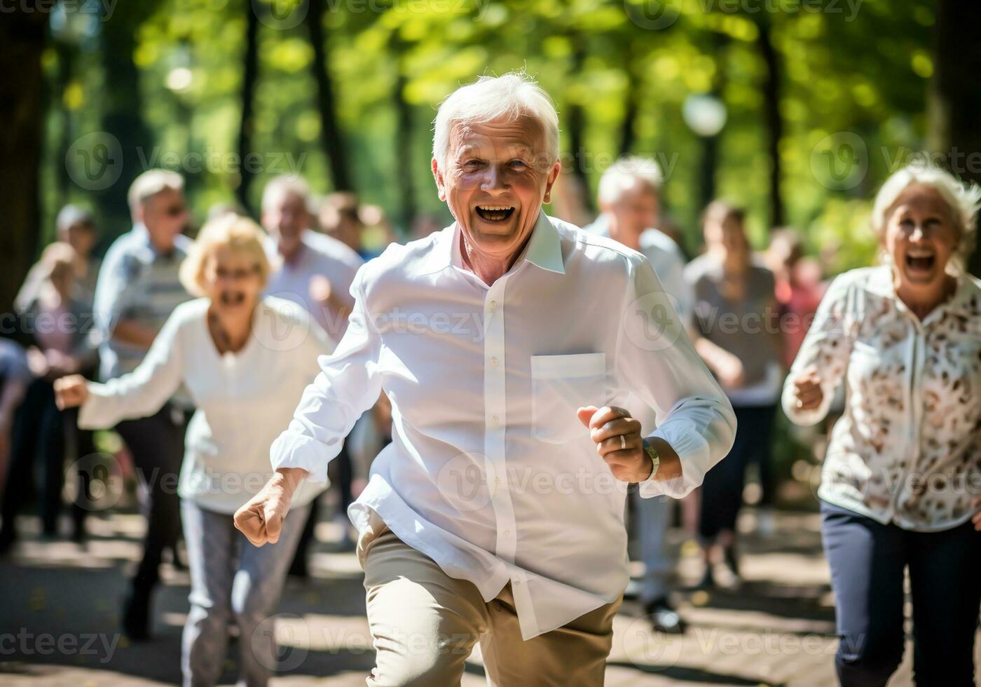 senior människor håller på med fysisk övning utomhus i en parkera. friska liv tid. ai genererad foto