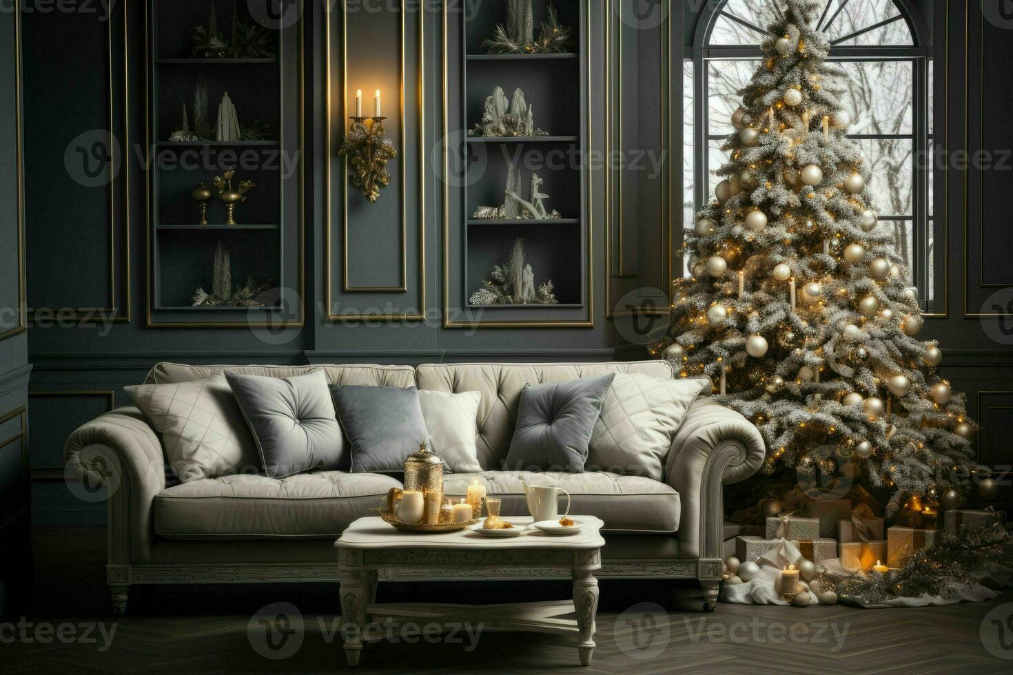 ai generativ, eleganta interiör av levande rum med dekorerad jul träd, lyx levande rum ny år foto