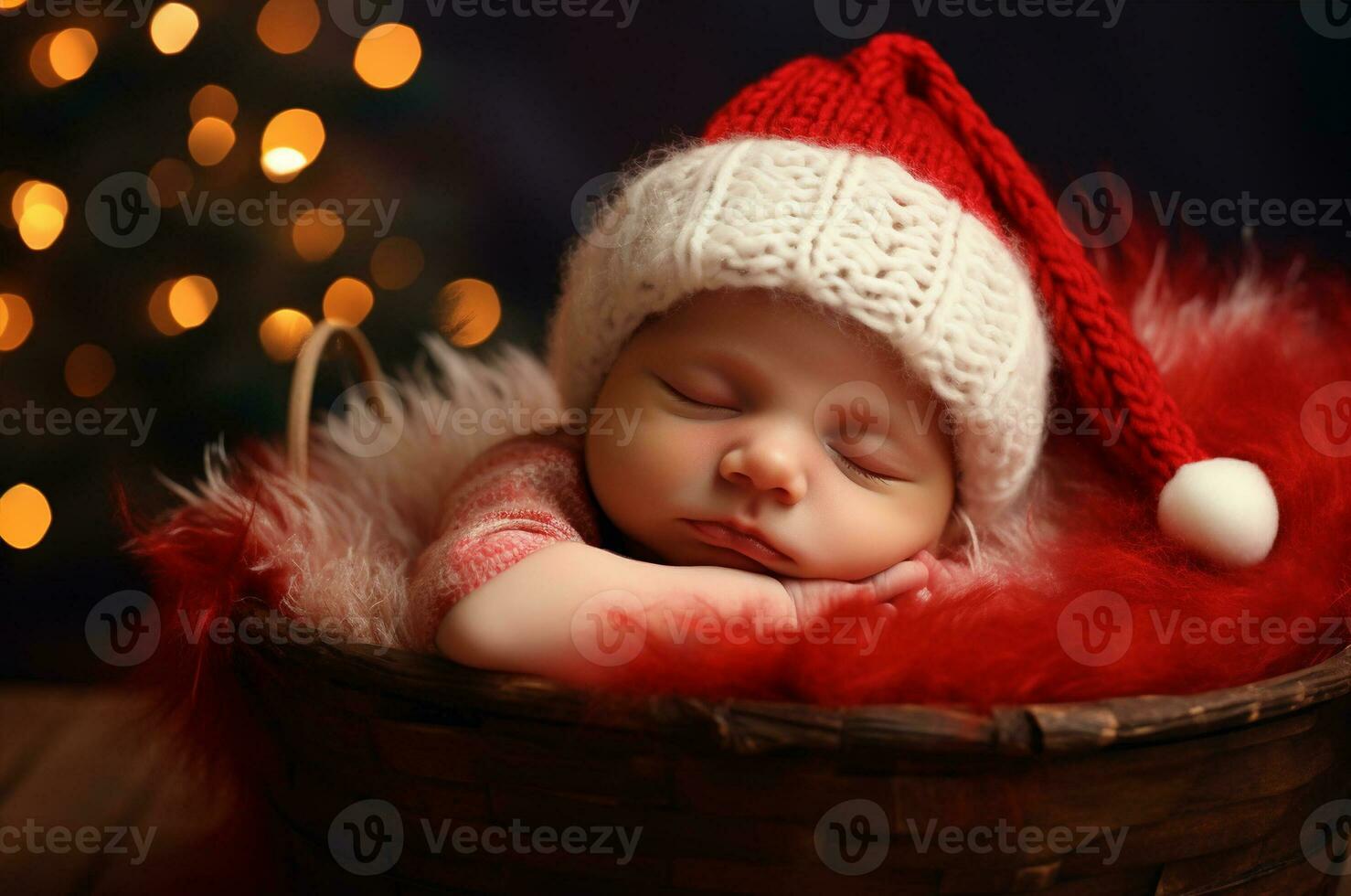 nyfödd bebis i en santa hatt sover i en korg- korg på hjul under en jul träd. generativ ai foto