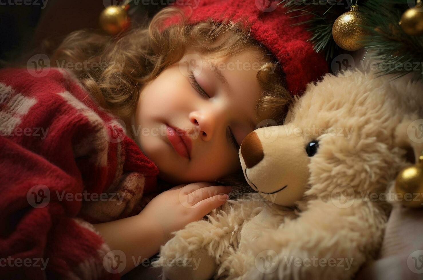 en flicka efter jul föll sovande under en jul träd med en teddy Björn, de flicka täckt med en filt. generativ ai foto