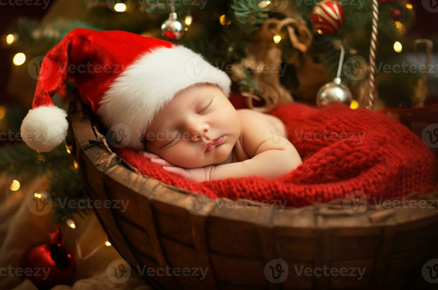 jul Foto session av en nyfödd. bebis i en trä- vagga. generativ ai