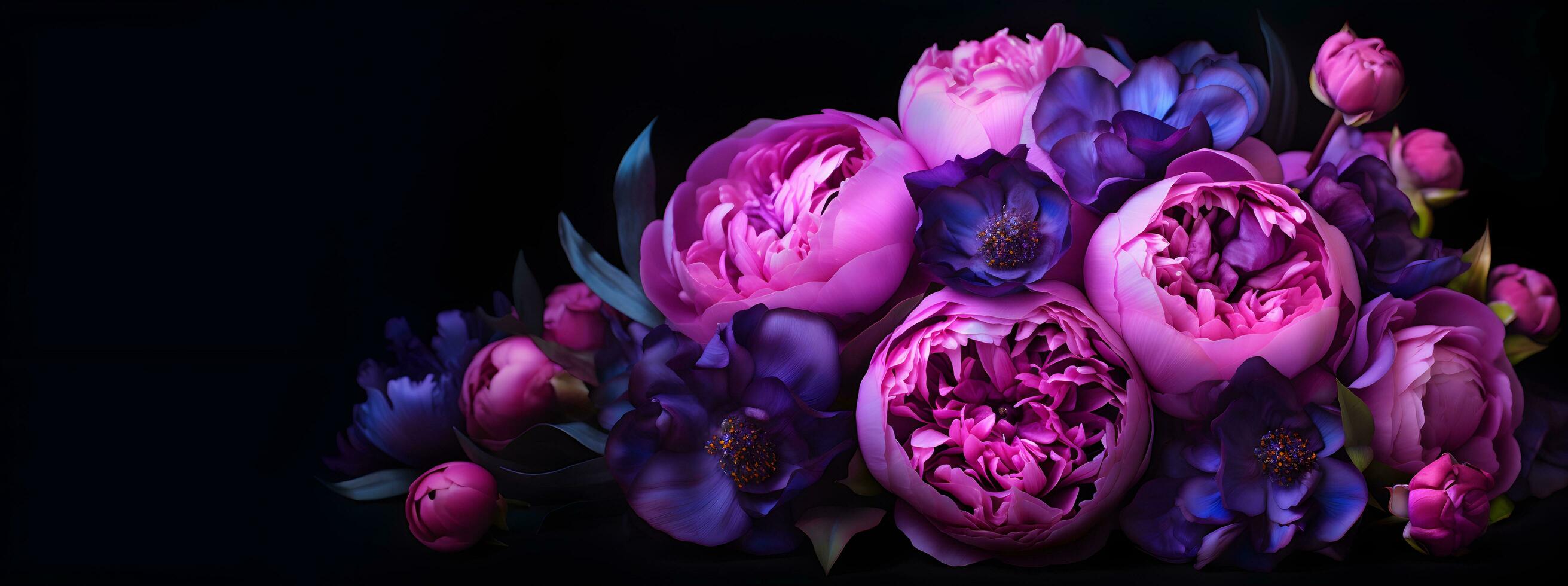 rosa och lila pion blommor på de mörk bakgrund. ai generativ. foto