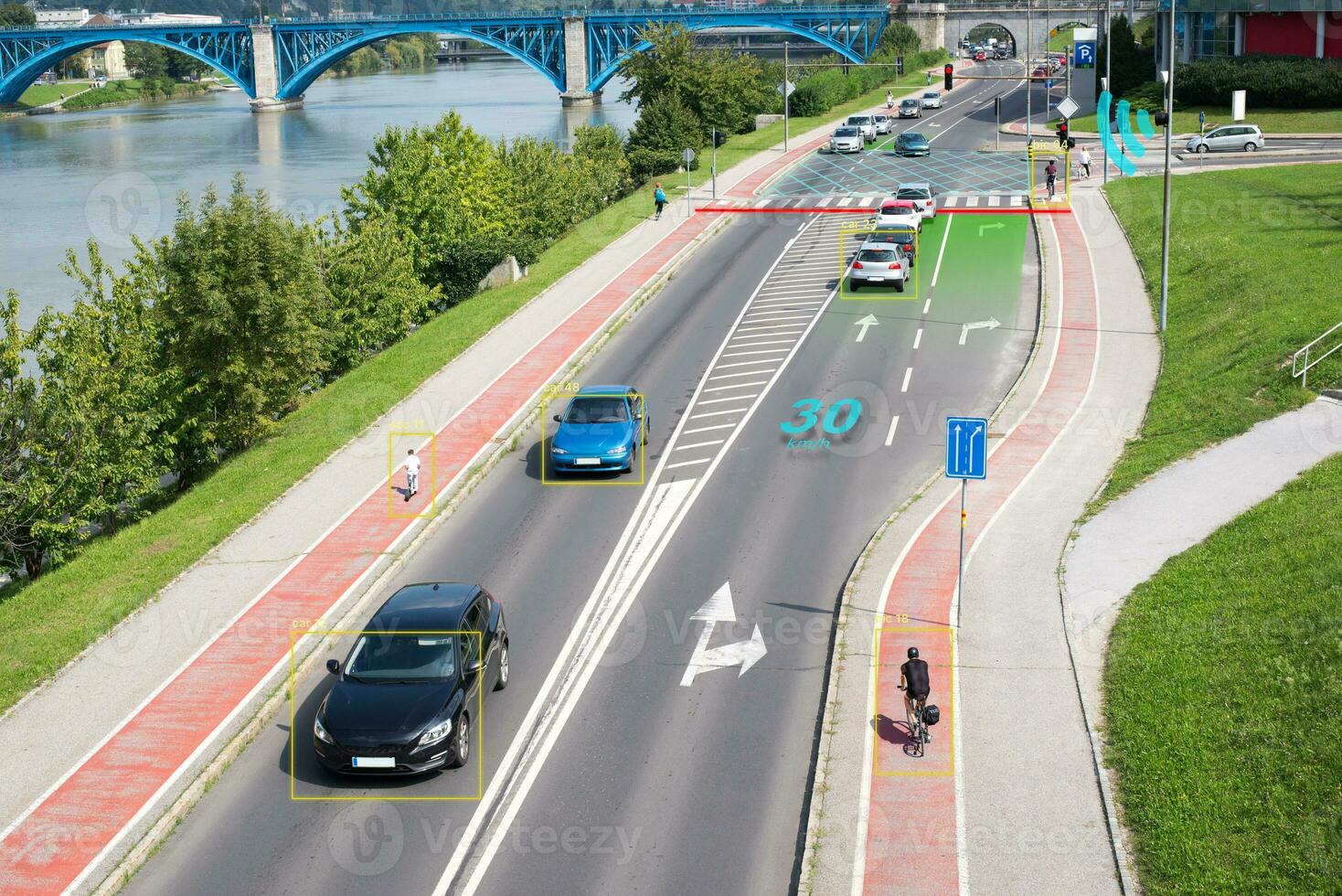 smart genomskärning begrepp i de stad övervakas förbi kameror och sensorer till kontrollera fordon, cyklister, fotgängare. foto