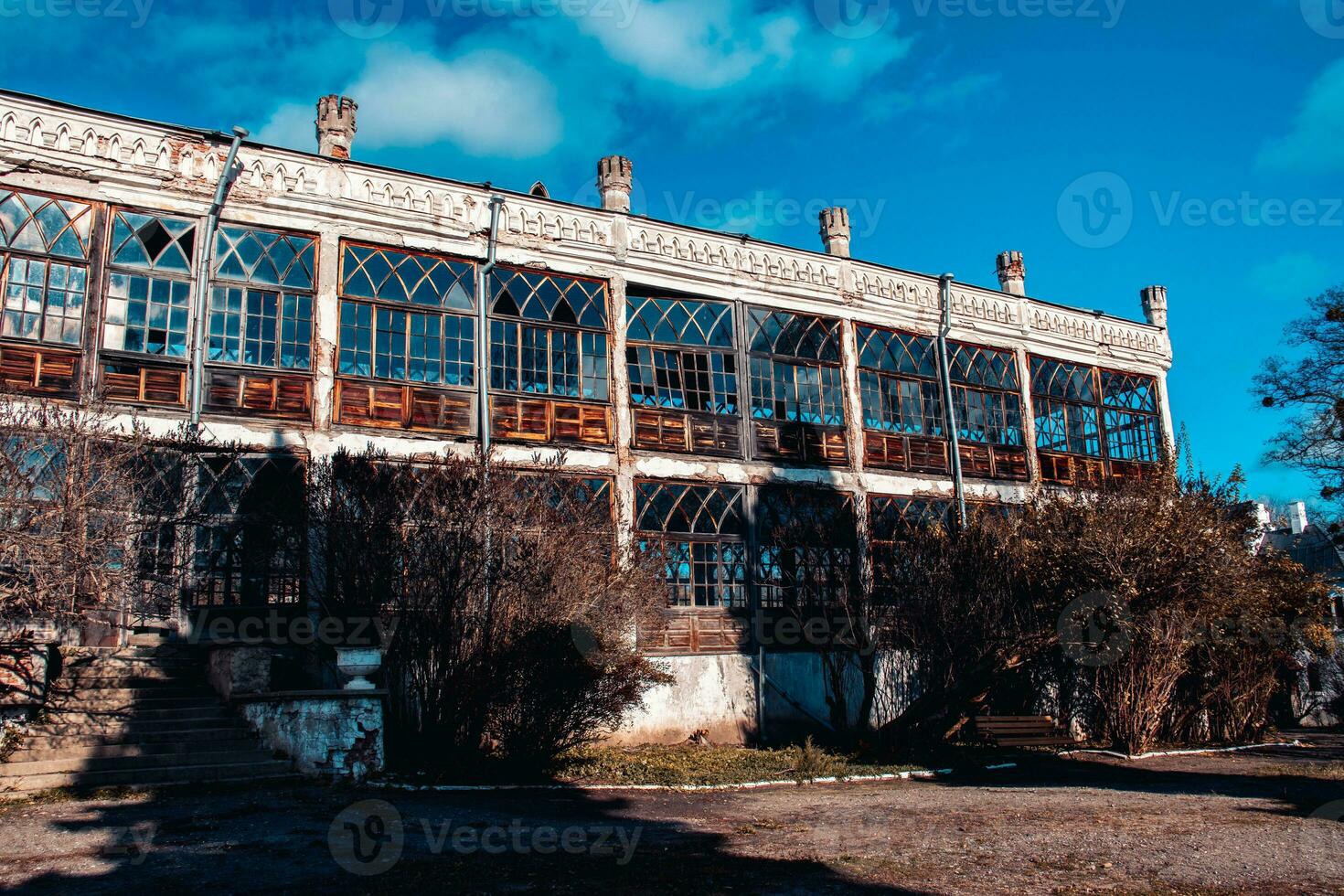 sommar terrass av de gammal palats begrepp Foto. årgång förstörd byggnad i nygotiska stil foto