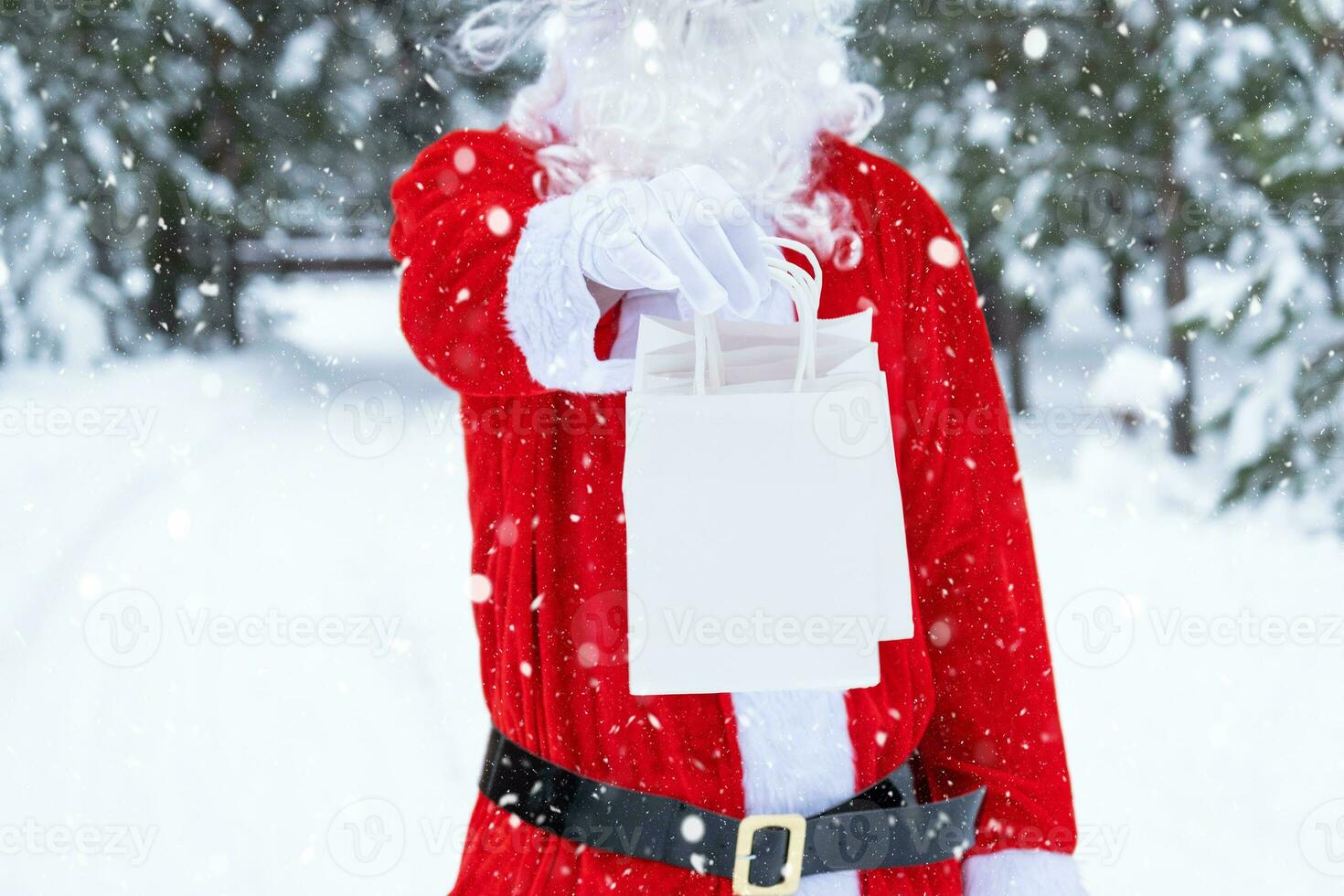santa claus utomhus- i vinter- och snö lämnandet i hand papper påsar med hantverk gåva, mat leverans. handla, förpackning återvinning, handgjorda, leverans för jul och ny år foto