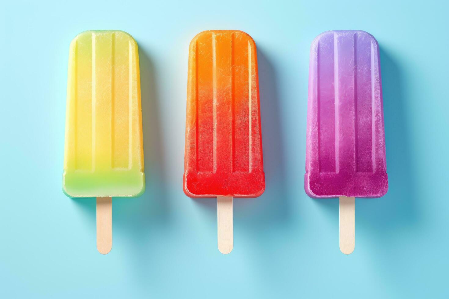 färgrik popsicles på blå bakgrund. topp se, platt lägga, uppsättning av ljus is grädde isglass, ai genererad foto