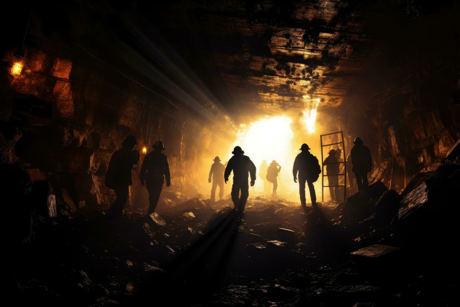 silhuett av en grupp av okänd människor stående i en mörk underjordisk tunnel. selektiv fokus, silhuett av gruvarbetare med strålkastare som förs in i underjordisk kol mina, ai genererad foto