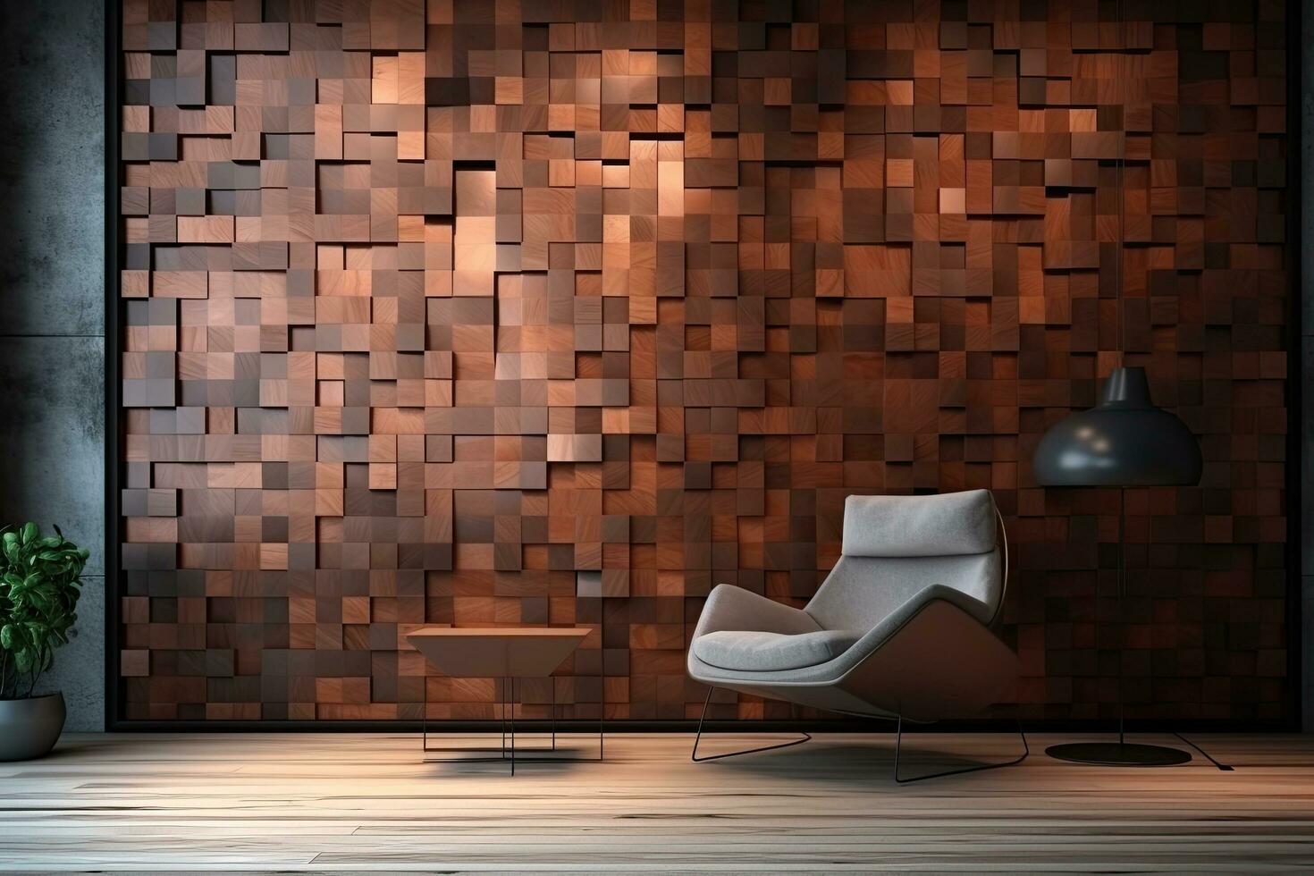 interiör av modern levande rum med tegel vägg, 3d framställa, fyrkant, mjuk glans vägg bakgrund med kakel. 3d, bricka tapet med trä, ai genererad foto