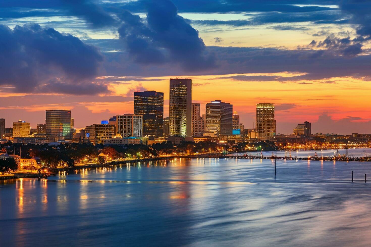 boston horisont på solnedgång, Boston, massachusetts, förenad stater, horisont av ny orleans med mississippi flod på skymning, ai genererad foto