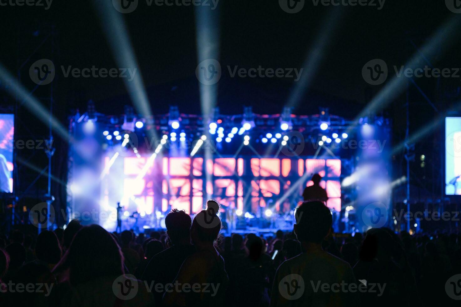 silhuett ungdom publik är tittar på de natt konsert foto