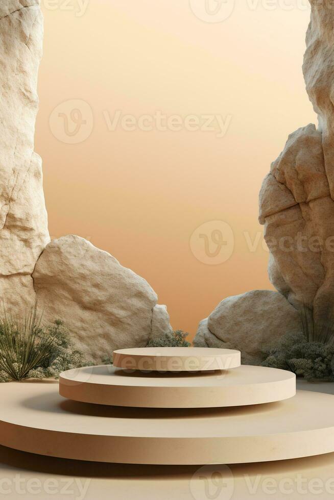 generativ ai, en sten eller sten podium natur piedestal skede produkt visa bakgrund, tömma visa utställningslokal foto