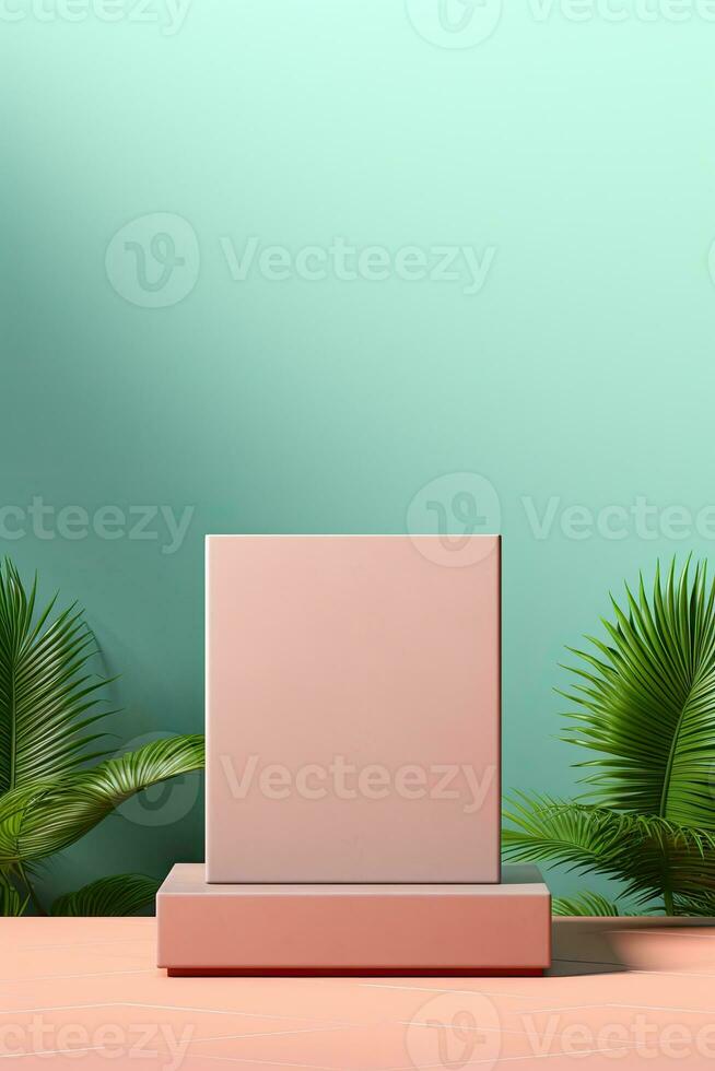 generativ ai, en tömma podium med blad skugga och geometri i beige Färg för produkt visa, tömma visa utställningslokal foto