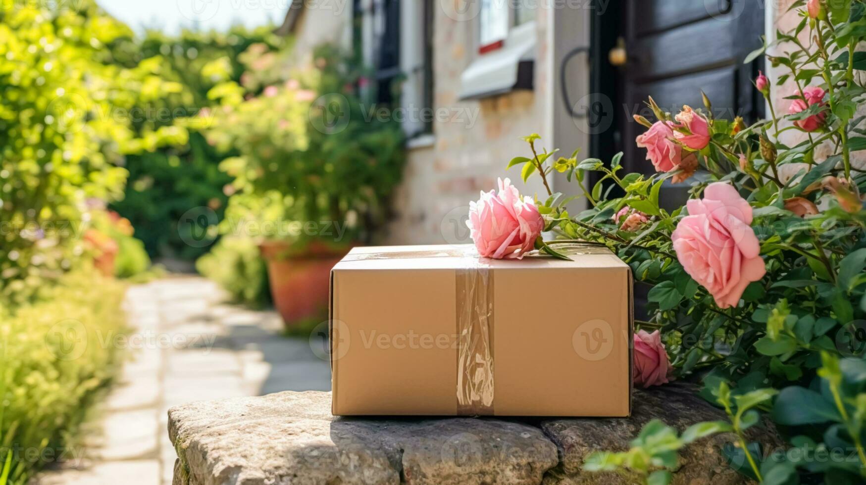 post service, Hem leverans och uppkopplad handla, paket låda på en hus tröskel i de landsbygden, generativ ai foto