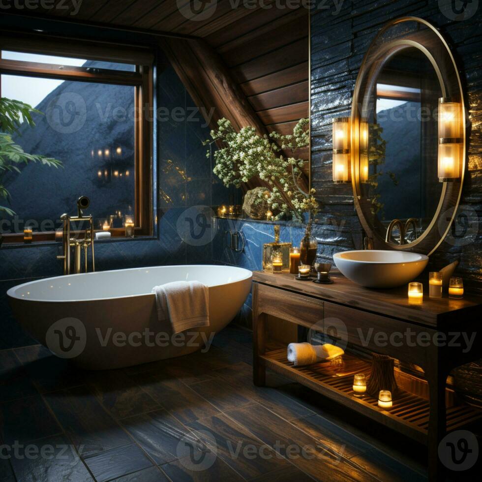 interiör design av elegant badrum, lyx badkar, romantisk atmosfär,, ai generativ foto
