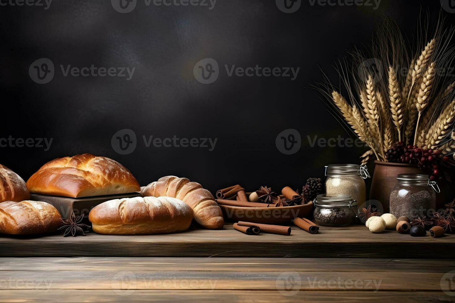 mjöl och bröd dekoration på trä- tabell för produkt visa, ai genererad foto