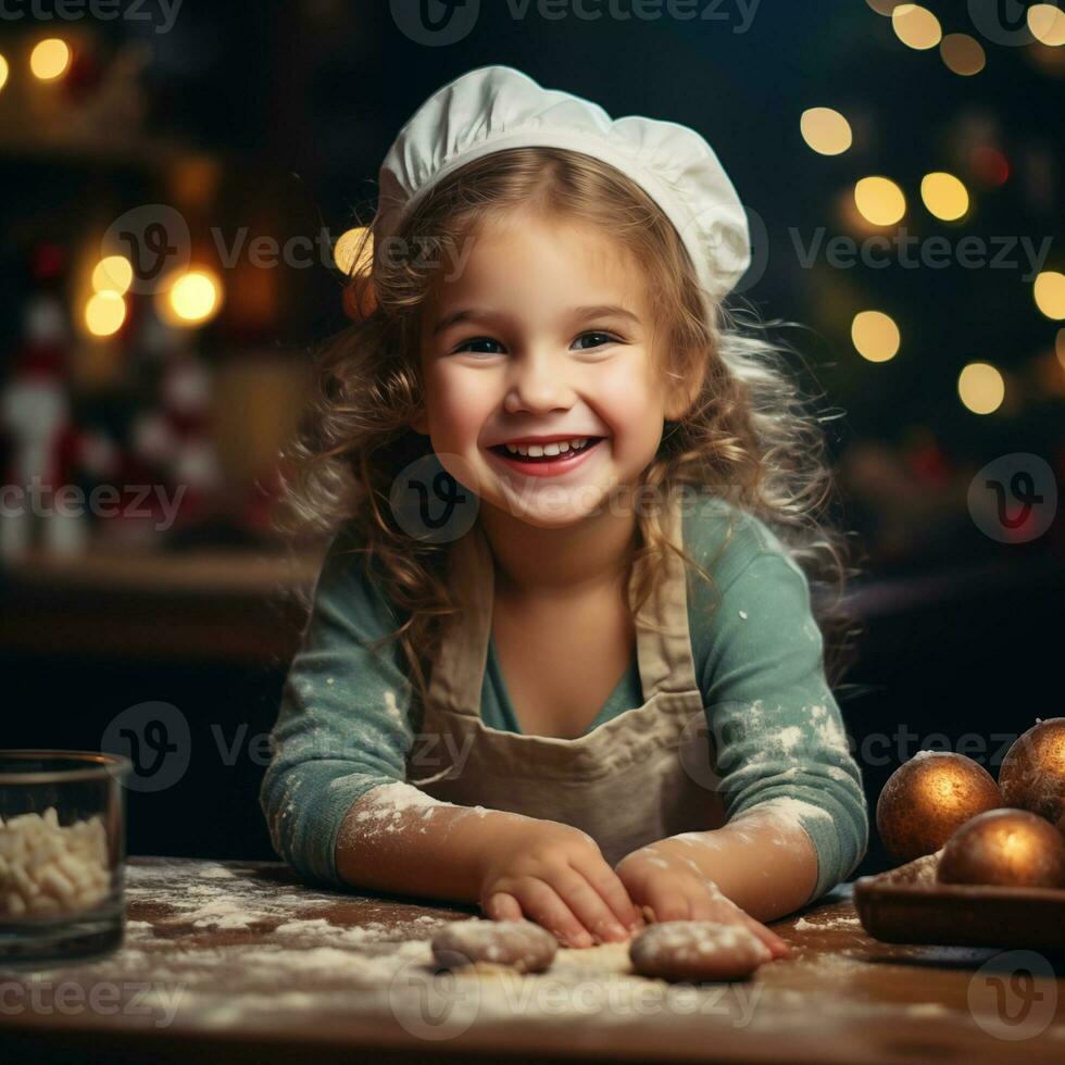 Lycklig liten flicka baka jul småkakor på mysigt kök på Hem, jul dekorationer på bakgrund foto