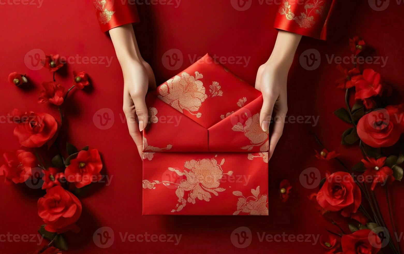 kinesisk ny år affisch. händer i röd kläder innehav en traditionell insvept gåva låda, topp se, sett från ovan, ai generativ foto