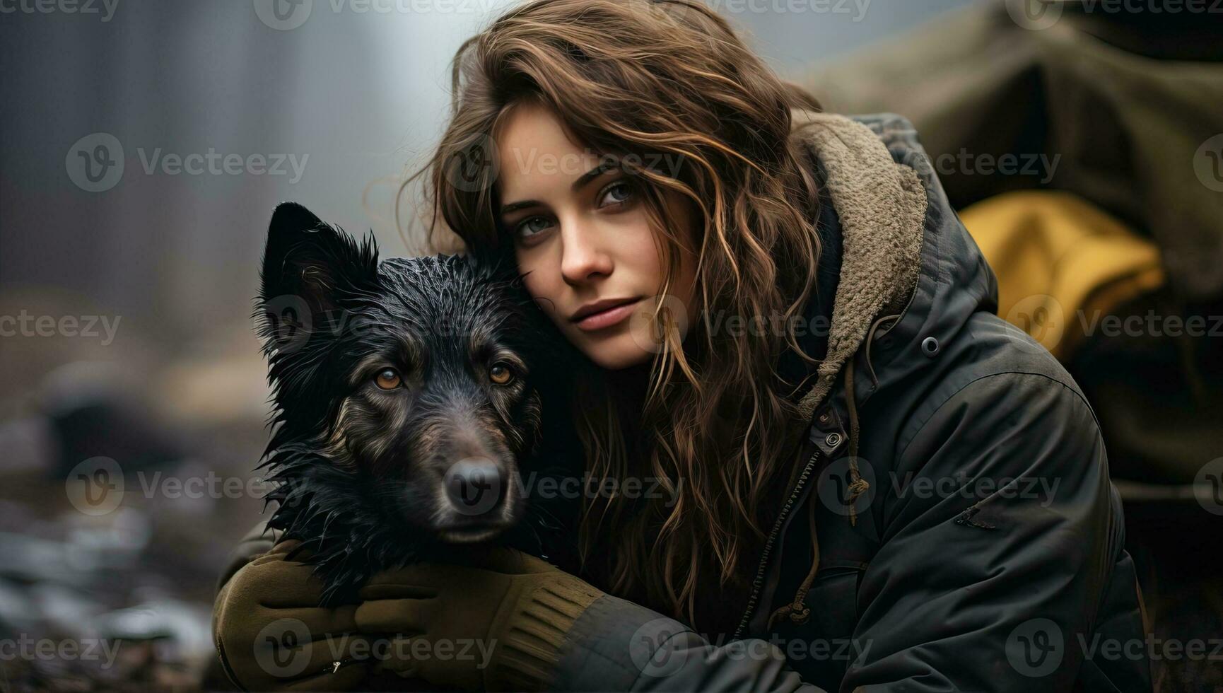 kvinna fattande hund i vildmark. ai genererad. foto