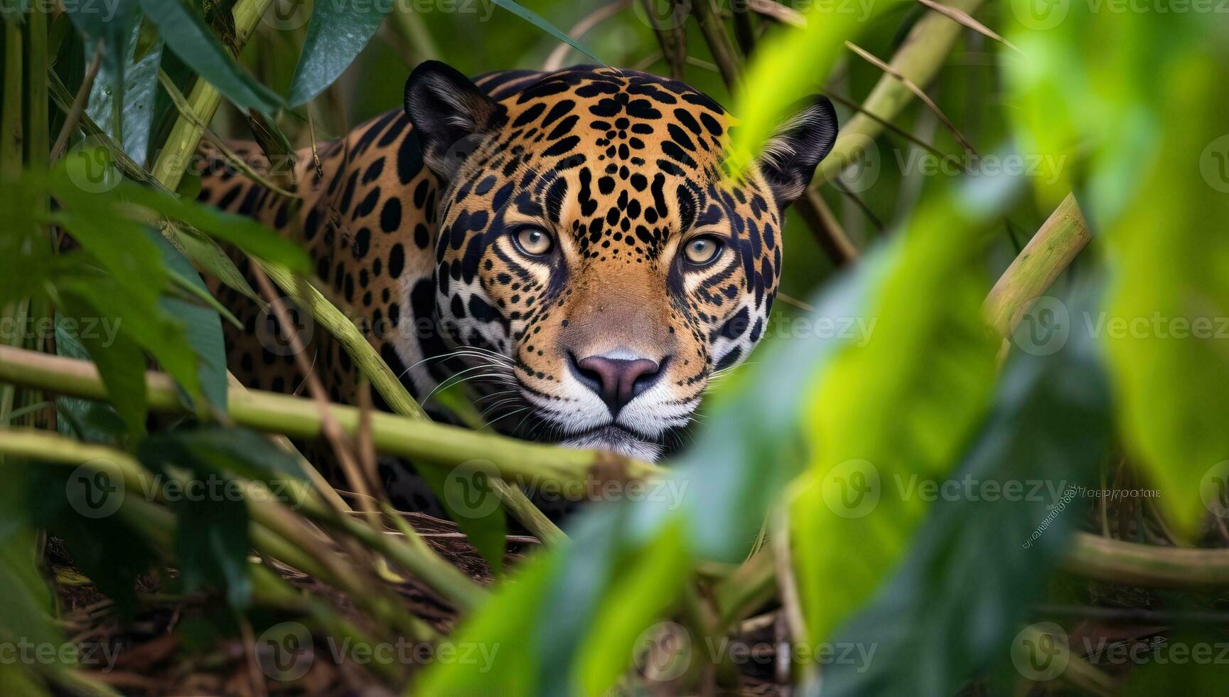 jaguar Lurking i de djungel. ai genererad. foto