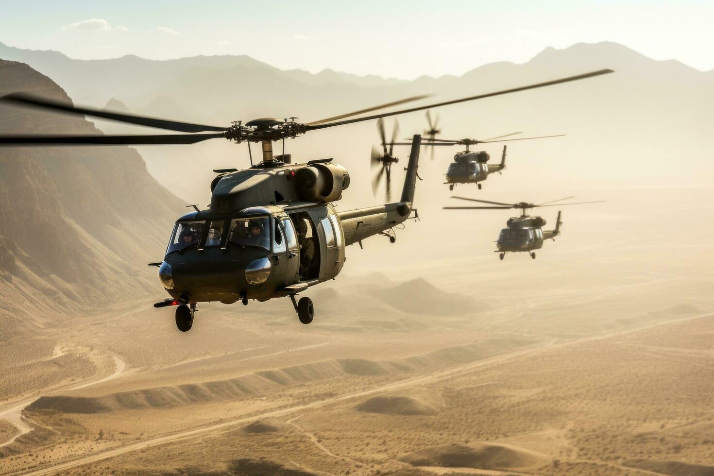 Foto av militär helikoptrar bildning, ai generativ