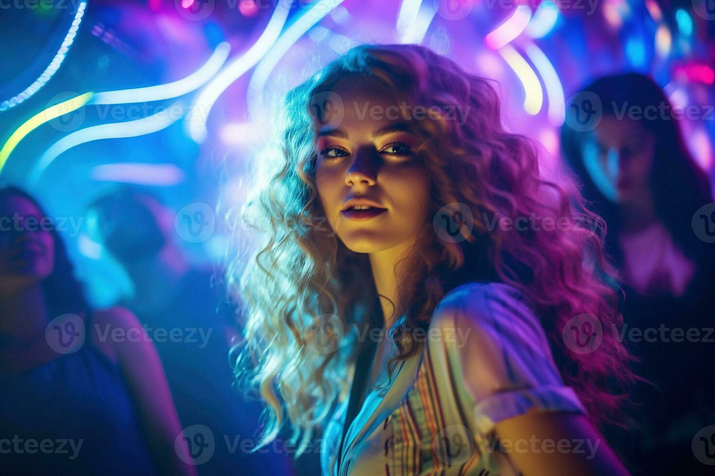 porträtt av ung skön kvinna dans i natt klubb med lampor. ai genererad foto