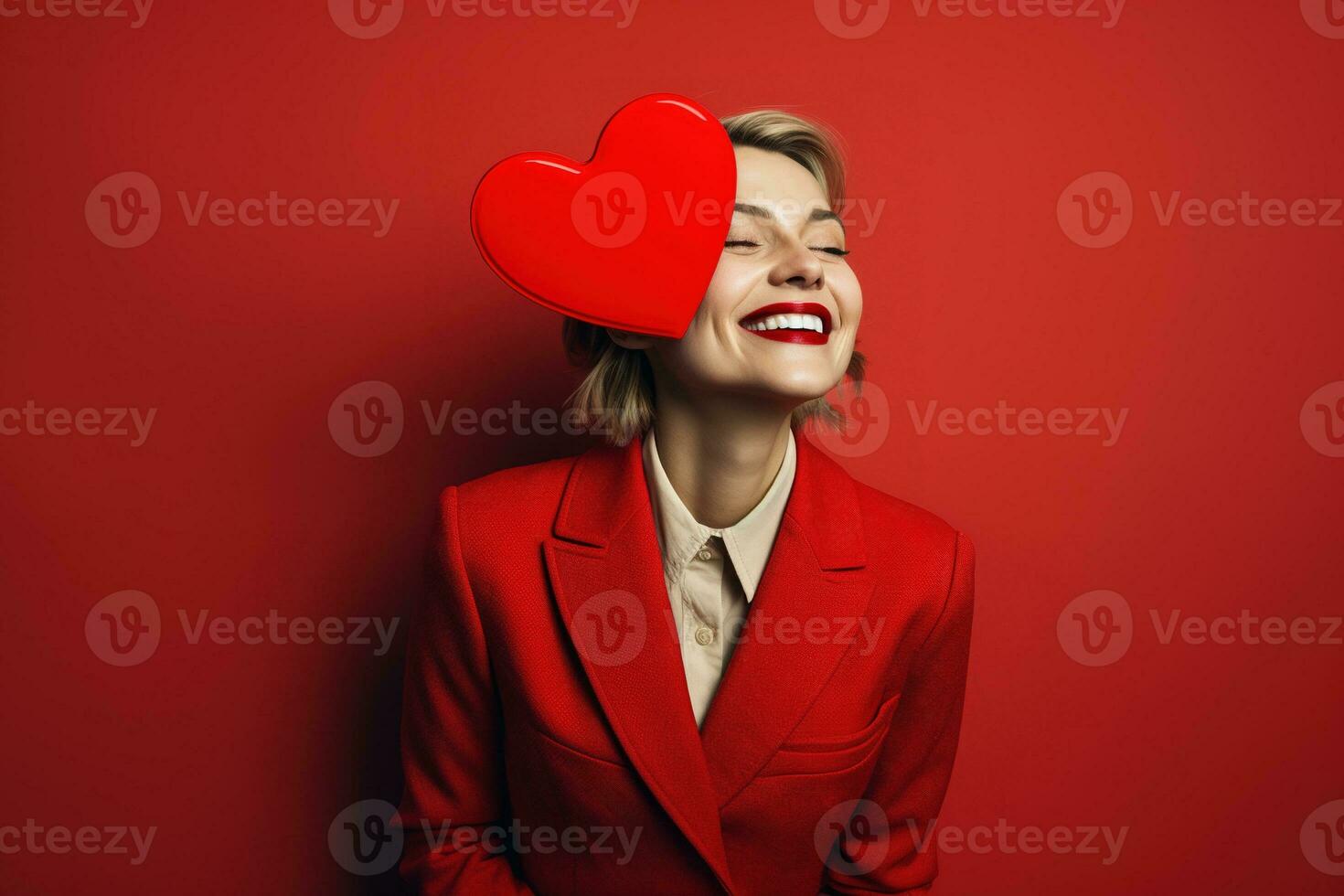 porträtt av en Lycklig kvinna med röd hjärta på en röd bakgrund.valentinsdag dag begrepp ai genererad foto