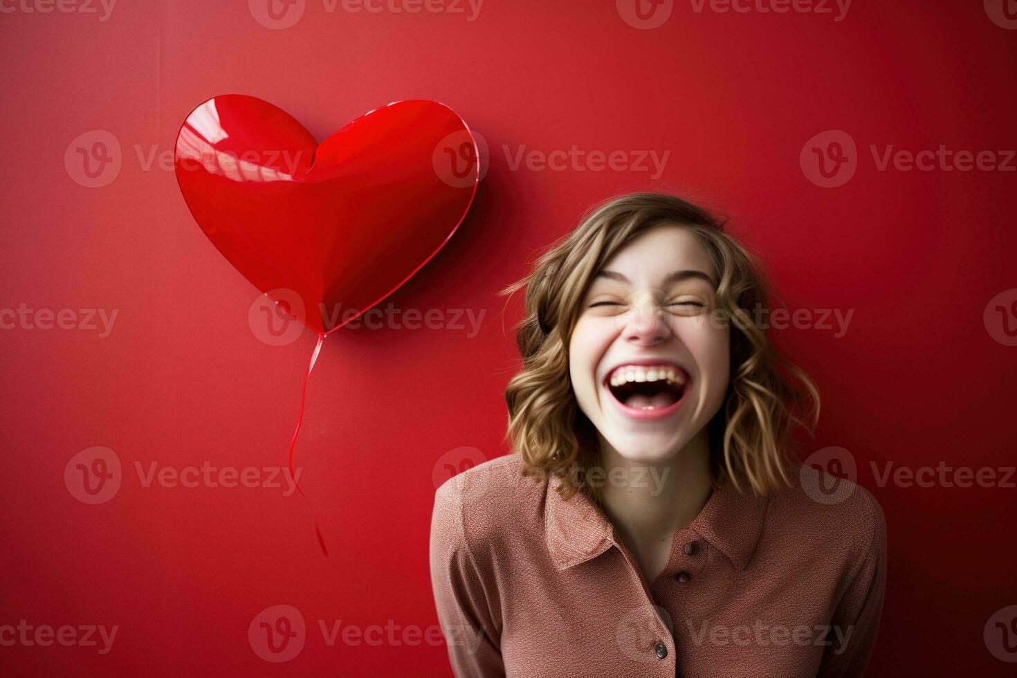 porträtt av en Lycklig kvinna med röd hjärta på en röd bakgrund.valentinsdag dag begrepp ai genererad foto