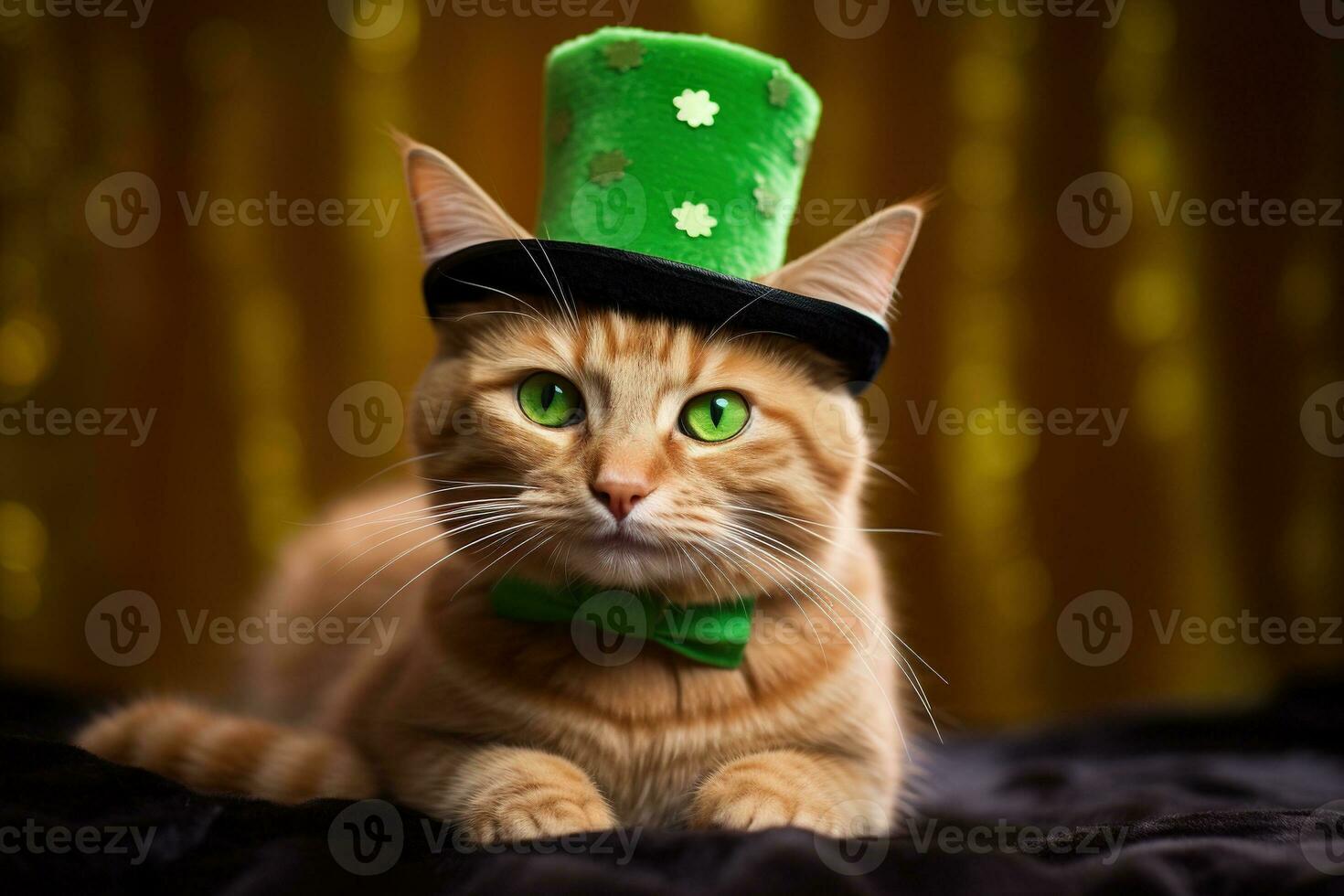 söt katt bär en grön topp hatt för st. Patricks dag. ai genererad foto