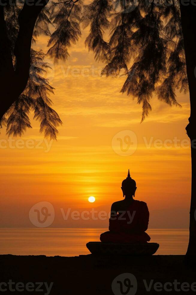 buddha staty och solnedgång i de morgon- ai genererad foto