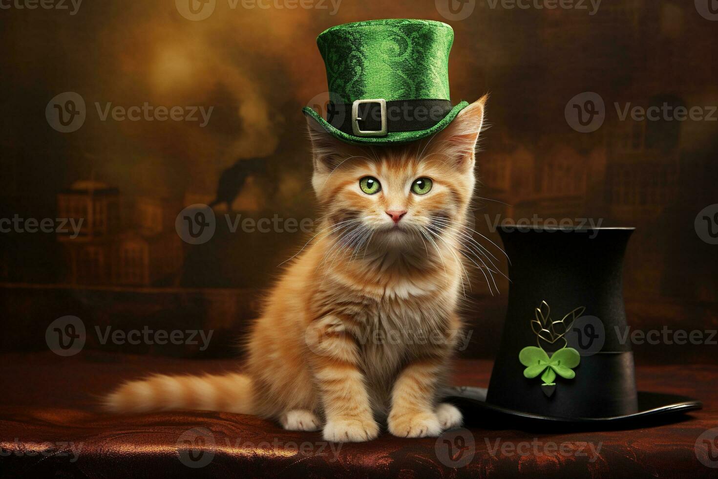 söt katt bär en grön topp hatt för st. Patricks dag. ai genererad foto