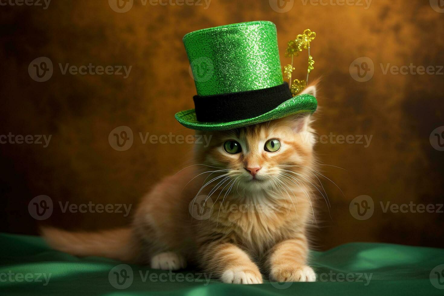 söt katt bär en grön topp hatt för st. Patricks dag. ai genererad foto