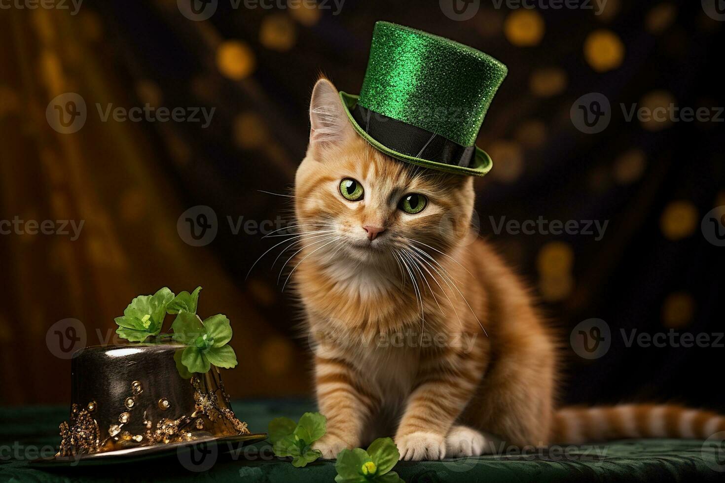 söt katt bär en grön topp hatt för st. Patricks dag. ai genererad foto