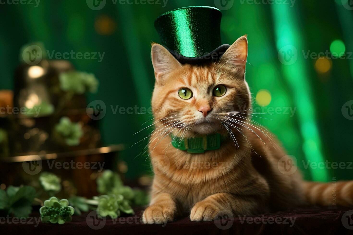 söt katt bär en grön topp hatt för st. Patricks dag. ai genererad foto