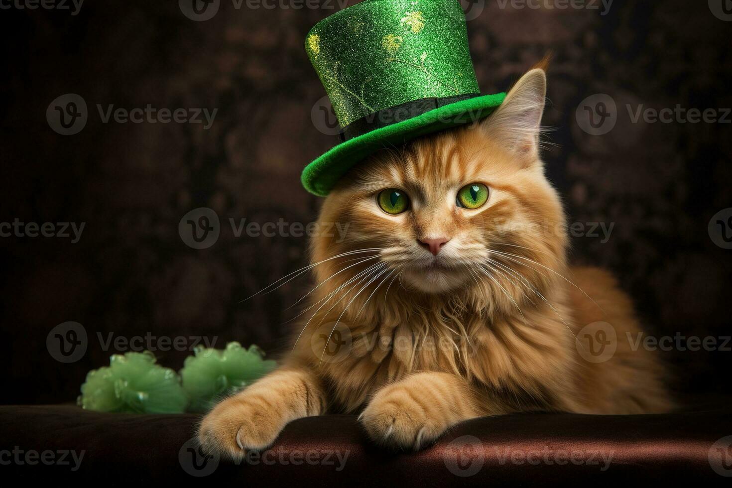 söt katt bär en grön topp hatt för st. Patricks dag. ai genererad foto