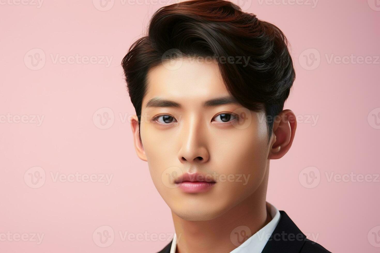 porträtt av en skön ung asiatisk man på rosa bakgrund.asiatisk skönhet ai genererad foto