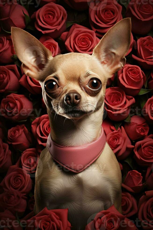 porträtt valentines av en söt chihuahua hund med ro ai genererad foto