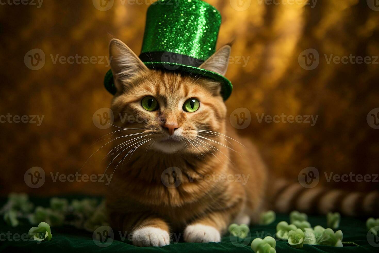 söt katt bär en grön topp hatt för st. Patricks dag. ai genererad foto