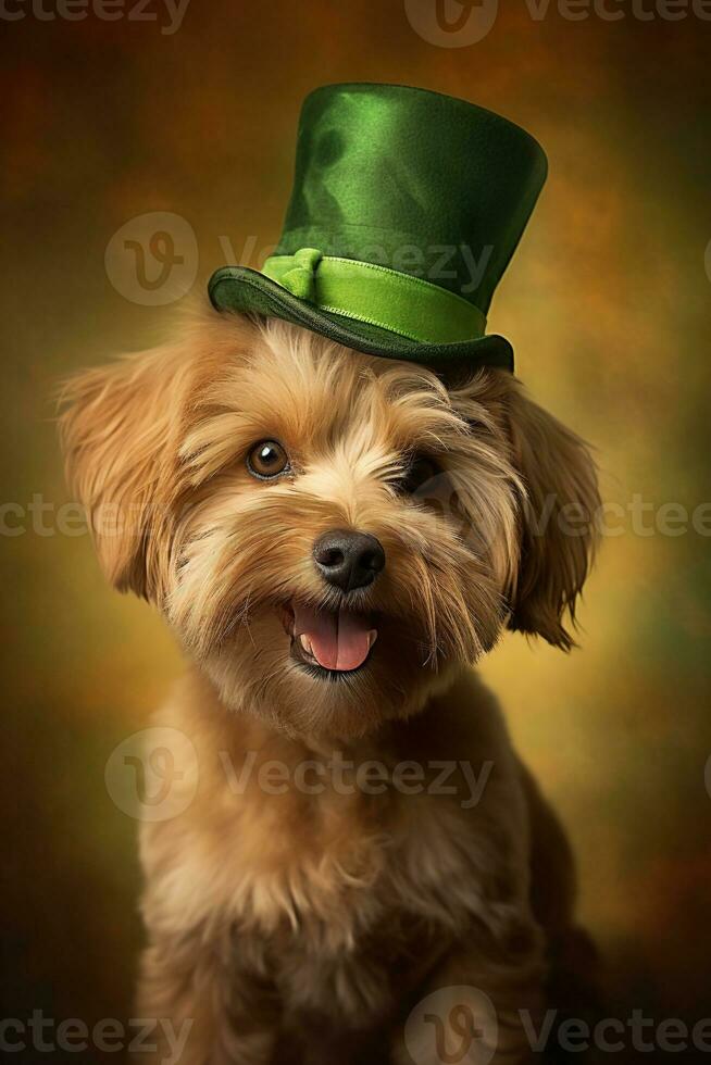 söt valp i grön topp hatt. st. Patricks dag. ai genererad foto