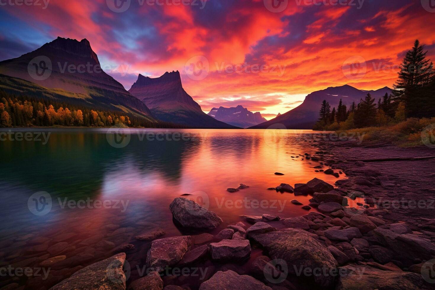 majestätisk solnedgång i glaciär nationell parkera, montana, usa. ai genererad foto