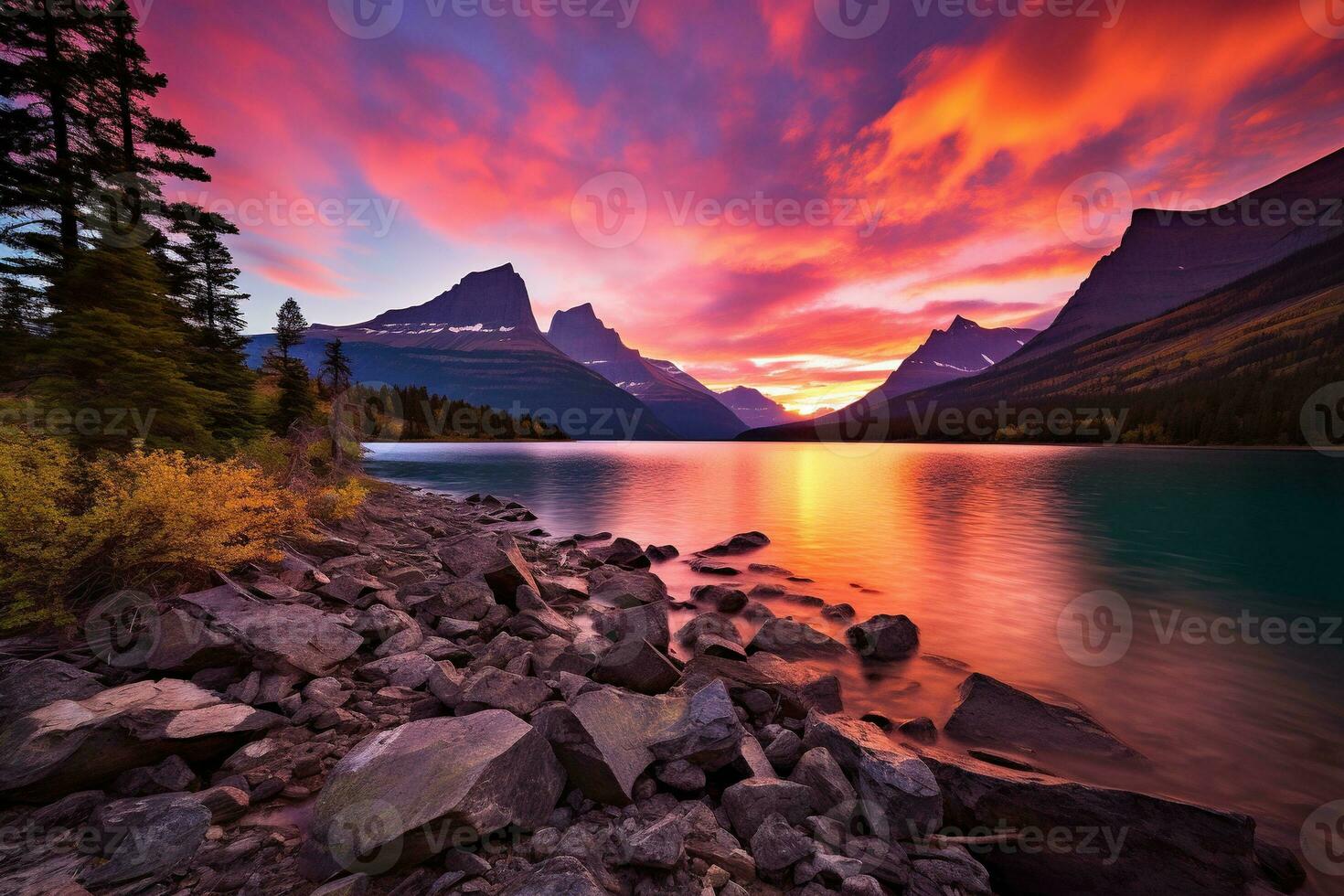 solnedgång över glaciär nationell parkera, montana, förenad stater av Amerika ai genererad foto