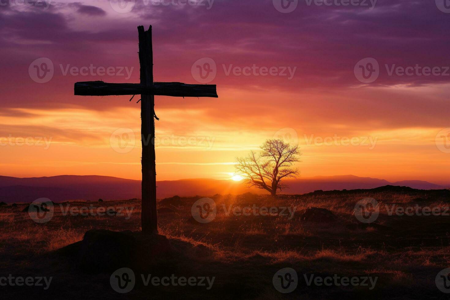 begrepp eller konceptuell trä korsa eller religion symbol form över en solnedgång himmel bakgrund baner ai genererad foto