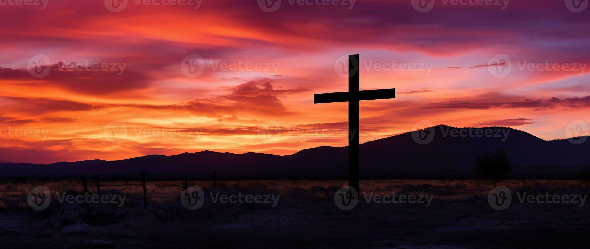 begrepp eller konceptuell trä korsa eller religion symbol form över en solnedgång himmel bakgrund baner ai genererad foto