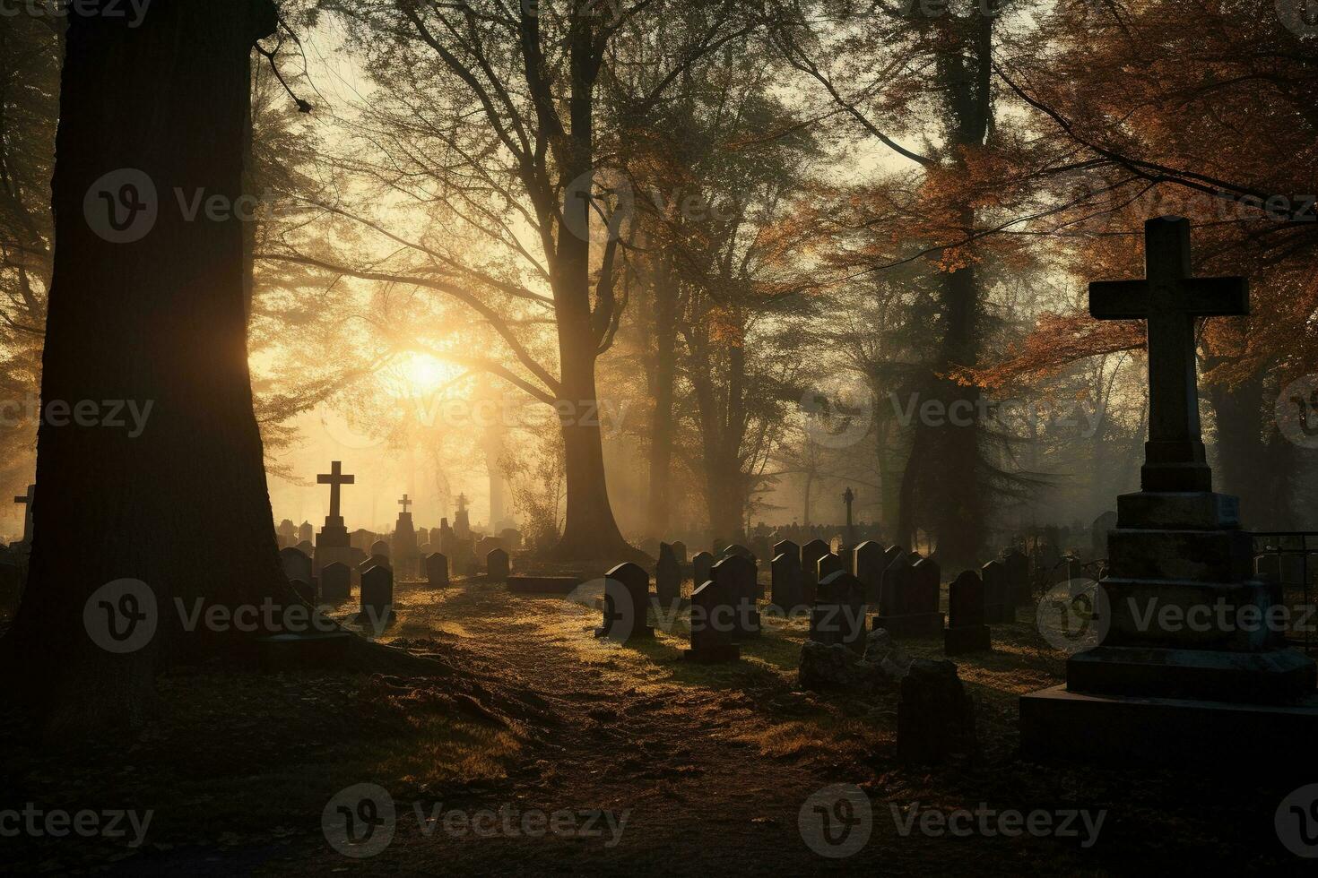 gravstenar i en kyrkogård på soluppgång ai genererad foto