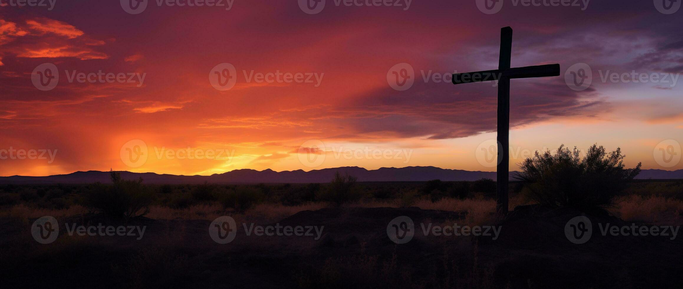 begrepp eller konceptuell trä korsa eller religion symbol form över en solnedgång himmel bakgrund baner ai genererad foto